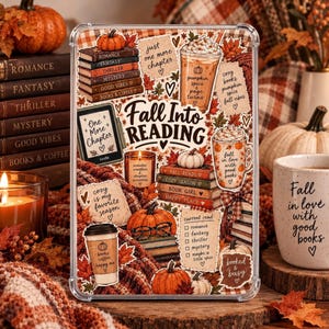 May include: A clear tablet case featuring a collage of autumn-themed illustrations including stacks of books, pumpkins, a Kindle, a candle, and coffee cups. The text reads Fall Into Reading, One More Chapter, and various book genres like Romance and Fantasy.