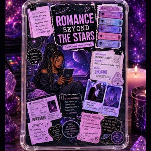 May include: A clear phone case featuring a collage of space-themed graphics and text, including the title Romance Beyond The Stars, a person reading a tablet, ticket stubs, and notes about sci-fi romance tropes against a purple galaxy background.