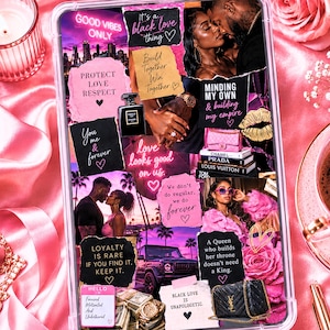 May include: A clear phone case featuring a collage of romantic and motivational imagery, including a couple, luxury items like perfume and designer bags, stacks of cash, a black SUV, pink roses, and text overlays such as Good Vibes Only and Black Love.