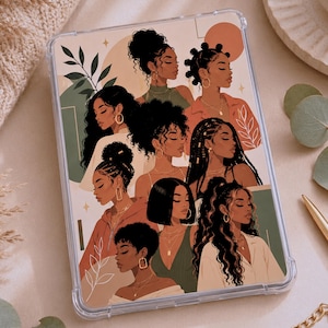 May include: A clear protective tablet case featuring a printed illustration of nine diverse Black women with various hairstyles, including buns, braids, and curls, set against a background of muted green, cream, and terracotta geometric shapes.