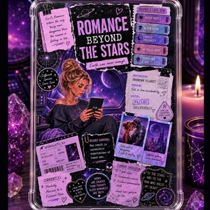 May include: A clear protective phone case featuring a collage of sci-fi romance themes. The design includes text like Romance Beyond The Stars, reader warnings, intergalactic boarding passes, and illustrations of a person reading a digital tablet.