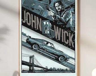 Plakat Johna Wicka, sztuka filmowa w stylu komiksowym w stylu vintage, dekoracja ścienna do jaskini mężczyzny w filmie akcji