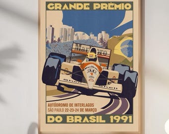 Plakat z Grand Prix Brazylii 1991, sztuka wyścigów Formuły 1 w stylu vintage, dekoracja ścienna w stylu retro