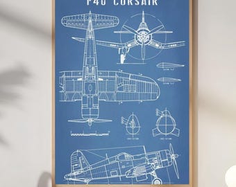 Plakat z planem samolotu F4U Corsair, schemat samolotu myśliwskiego z II wojny światowej, dekoracja ścienna z motywem lotniczym