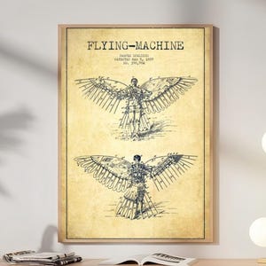 Flying Machine Patent Poster, Vintage Aviation Blueprint Art, Steampunk Wall Decor