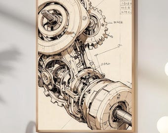 Plakat ze szkicem silnika vintage, rysunkiem mechanicznym w stylu steampunk, dekoracja ścienna do garażu