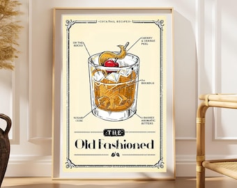 Plakat z przepisem na staromodny koktajl, grafika barowa w stylu vintage, dekoracja ścienna do kuchni