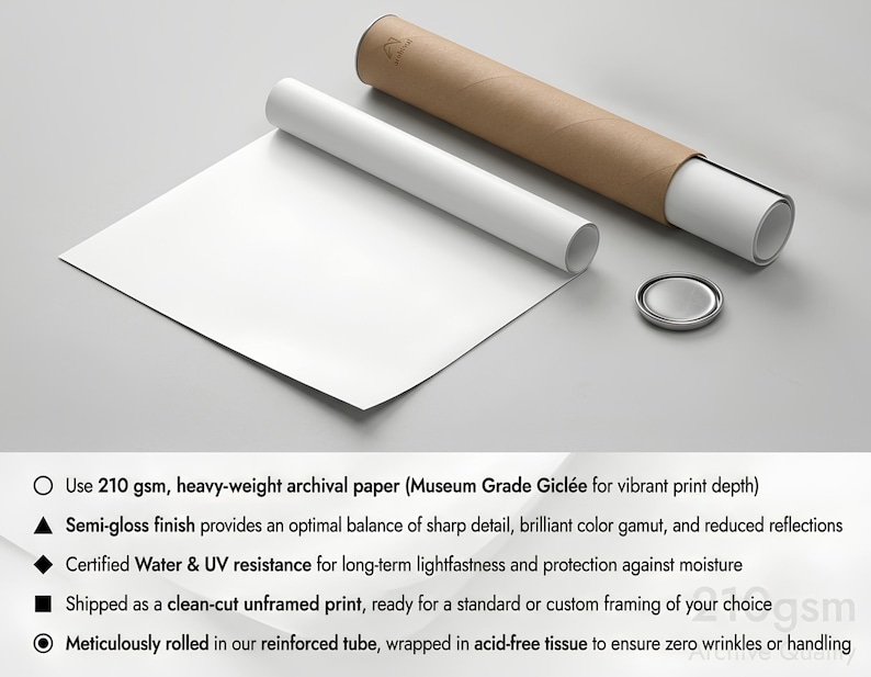 May include: A white sheet of paper partially rolled out from a brown cardboard shipping tube with a circular metal cap. The text lists specifications including 210 gsm archival paper, semi-gloss finish, water and UV resistance, and unframed status.