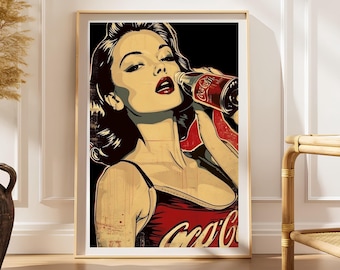 Plakat pin-up z retro colą, kobieta w stylu pop-artu w stylu vintage, wyrazista dekoracja ścienna do kuchni w barze