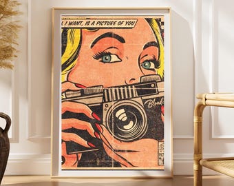 Plakat z aparatem fotograficznym w stylu retro, kobieta w stylu pop-art w stylu vintage, estetyczny wydruk fotograficzny do sypialni