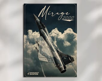 Plakat Mirage 2000, sztuka przedstawiająca zabytkowy francuski myśliwiec, dekoracja ścienna do biura lotniczego