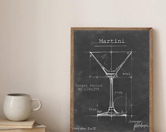 Martini Patent Print, Cocktail Blueprint Wall Art, Bar Cart Decor, Home Bar Gift, Chalkboard Cocktail Poster, Art Print