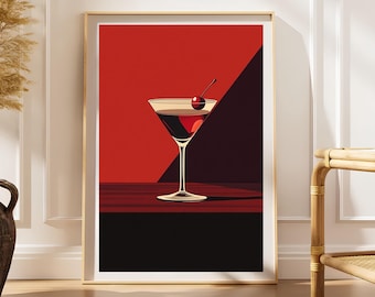 Plakat „Manhattan Cocktail”, minimalistyczny wydruk artystyczny w stylu baru, czerwono-czarna dekoracja ścienna do kuchni