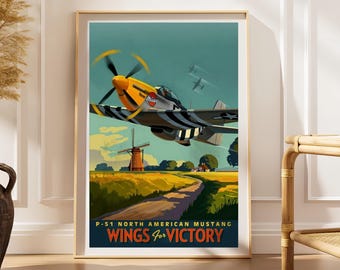 Plakat z samolotem myśliwskim P-51 Mustang, sztuka z czasów II wojny światowej, dekoracja ścienna do biura lotniczego w stylu vintage