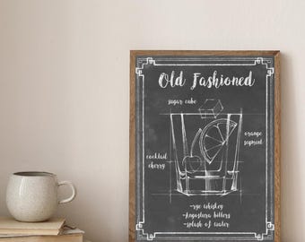 Projekt koktajlu w stylu retro, grafika ścienna na wózek barowy w stylu vintage, plakat z tablicą kredową do koktajli w stylu domowym, wystrój kuchni, wydruk artystyczny