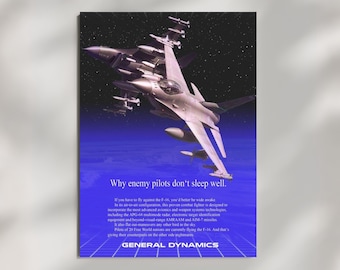 Plakat z myśliwcem F-16, reklama samolotu wojskowego w stylu vintage, dekoracja ścienna z motywem lotnictwa