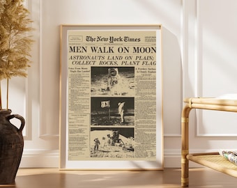 Gazeta „Lądowanie na Księżycu” z 1969 r., sztuka ścienna z historią kosmosu w stylu vintage, wydruk astronauty Apolla