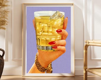 Retro Whiskey Hand Poster, Vintage Cocktail Bar Art Print, Purple Kitchen Wall Decor