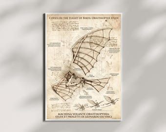 Grafika z latającą maszyną Leonarda da Vinci, sztuka lotnicza w stylu vintage, plakat z ornitopterem, renesansowa grafika artystyczna, wystrój domowego biura, grafika artystyczna