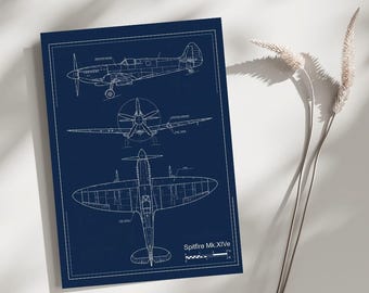 Plan samolotu Spitfire MkXIVe, grafika ścienna z motywem myśliwca z II wojny światowej, prezent dla pilota dla niego, plakat ze schematem lotniczym, dekoracja jaskini mężczyzny, wydruk artystyczny