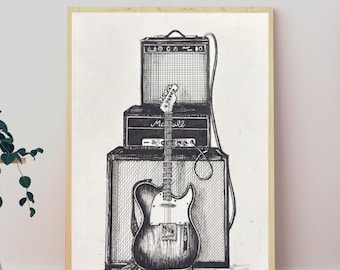 Szkic wzmacniacza gitary elektrycznej, grafika ścienna z motywem muzyki rockowej w stylu vintage, dekoracja do pokoju muzycznego w męskiej jaskini, wydruk artystyczny