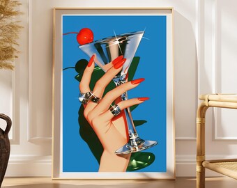 Plakat z dłonią Martini, wydruk artystyczny koktajlu w stylu retro glamour, dekoracja ścienna do kuchni w niebieskim barze