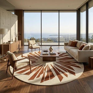 Handmade Terracotta Sunburst Round Rug, Boho Geometric Tufted Carpet