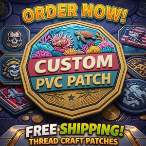 May include: A custom PVC patch featuring a central octagonal design with a colorful coral reef, a sea turtle, and a clownfish. The text reads CUSTOM PVC PATCH. The patch is surrounded by other various patches, with the text ORDER NOW and FREE SHIPPING.