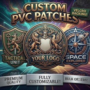 May include: Three custom PVC patches with Velcro backing. The left patch is a green shield with a griffin and key. The center circular patch features a lion, eagle, and shield with the text YOUR LOGO. The right patch is a blue compass with a planet.