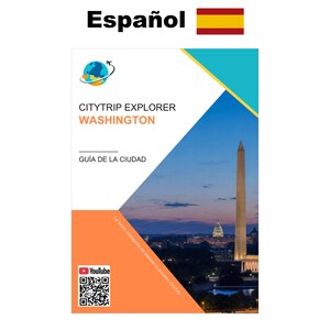 Puede incluir: Una portada de guía de ciudad Citytrip Explorer Washington con un icono de globo terráqueo con un avión, el texto Citytrip Explorer Washington Guía de la Ciudad y una fotografía del Monumento a Washington al atardecer con un código QR de YouTube.