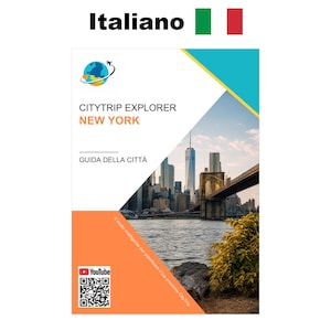 Può includere: Una copertina rettangolare di una guida della città intitolata CITYTRIP EXPLORER NEW YORK con un'icona del globo, una foto dello skyline di New York e del ponte di Brooklyn, una sezione arancione, un logo YouTube e un codice QR.