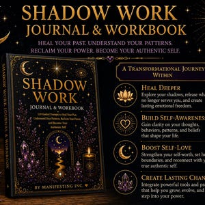 May include: A black Shadow Work Journal & Workbook with gold celestial illustrations, including a crescent moon, stars, and an arched doorway. The cover features the text "Shadow Work Journal & Workbook" and "By Manifesting Inc." alongside descriptive bullet points.