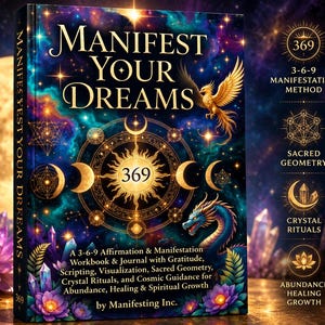 Könnte beinhalten: Ein gebundenes Buch mit dem Titel Manifest Your Dreams und einem dunkelblauen kosmischen Einband, der eine goldene Sonne, Mondphasen, einen Phönix und einen Drachen zeigt. Der Text umfasst 3-6-9 Manifestation Method, Sacred Geometry, Crystal Rituals und Abundance Healing Growth.