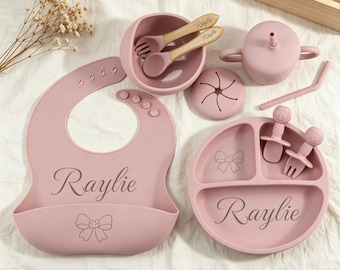 Personalized Baby Feeding Set, Laser Engraved Silicone Bib Bowl Plate Cup Kit, Complete Baby‑Led Weaning Set, Baby Shower &Birthday Gift