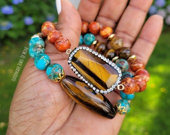 Tiger's Eye Beauties!Gemstone Bracelets. Brown/Orange/Blue. Beautifully Handmade Gift For Her! Set Of 2!