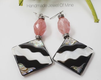 Bold Beauty! Dangle Earrings. Black, White, Peach Color Earrings. Birthdays/Weddings/Graduations Gift. Beautifully Hand Crafted For Her!