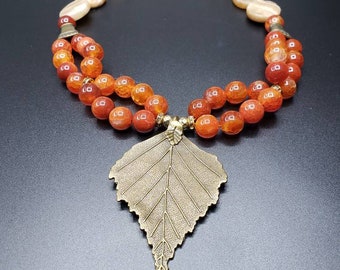 Beautiful Bold Leaf Pendant Necklace! Orange/Brown Necklace. Beaded Necklace! Beautifully Handmade Gift For Her!