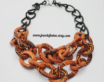 Orange And Black Beauty! Chunky Necklace. Chain Necklace. Beautifully Handmade Gift For Her!
