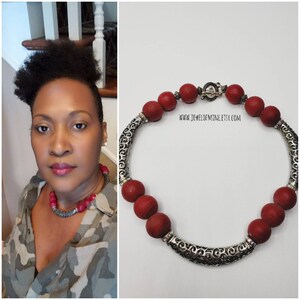 Eye Catching Neck Candy! Red & Silver Necklace. Tube Bead Necklace . Statement Necklace. Beautifully Handmade Gift For Her!