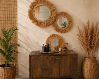 Juego de espejos de rafia estilo bohemio, espejos de pared con diseño de rayos de sol, decoración marroquí hecha a mano, arte de pared tejido natural, acento para el hogar de estilo rústico costero.