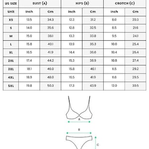 May include: A white background displays a size chart for a string bikini, with measurements in inches and centimeters. The chart includes bust, hips, and crotch measurements for sizes XS to 5XL. A diagram of the bikini is also shown.