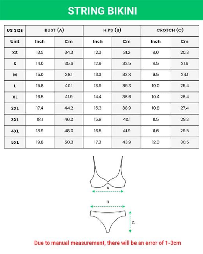 May include: A white background displays a size chart for a string bikini, with measurements in inches and centimeters. The chart includes bust, hips, and crotch measurements for sizes XS to 5XL. A diagram of the bikini is also shown.