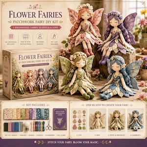 Può includere: Un kit fai-da-te per fate in patchwork Flower Fairies con una scatola contenente quattro bambole fata finite in rosa, viola, verde e blu. Il kit include tessuti pretagliati, fili, un ago, imbottitura, accessori e una guida passo dopo passo.