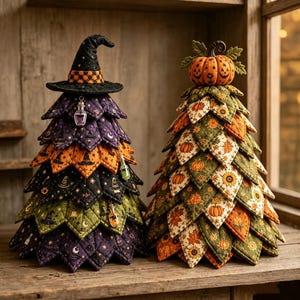 Peut inclure: Deux arbres décoratifs en tissu. L'arbre de gauche est violet, orange et noir avec un chapeau de sorcière et des breloques en forme de fioles. L'arbre de droite présente des motifs de feuilles d'automne avec une citrouille en haut.