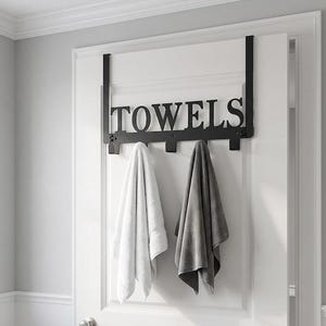 Over The Door Towel Rack Black Metal, Bathroom Towel Holder Hook, Door Mounted Towel Hooks, Bathrobe Hanger, Space Saving Cabinet Organizer