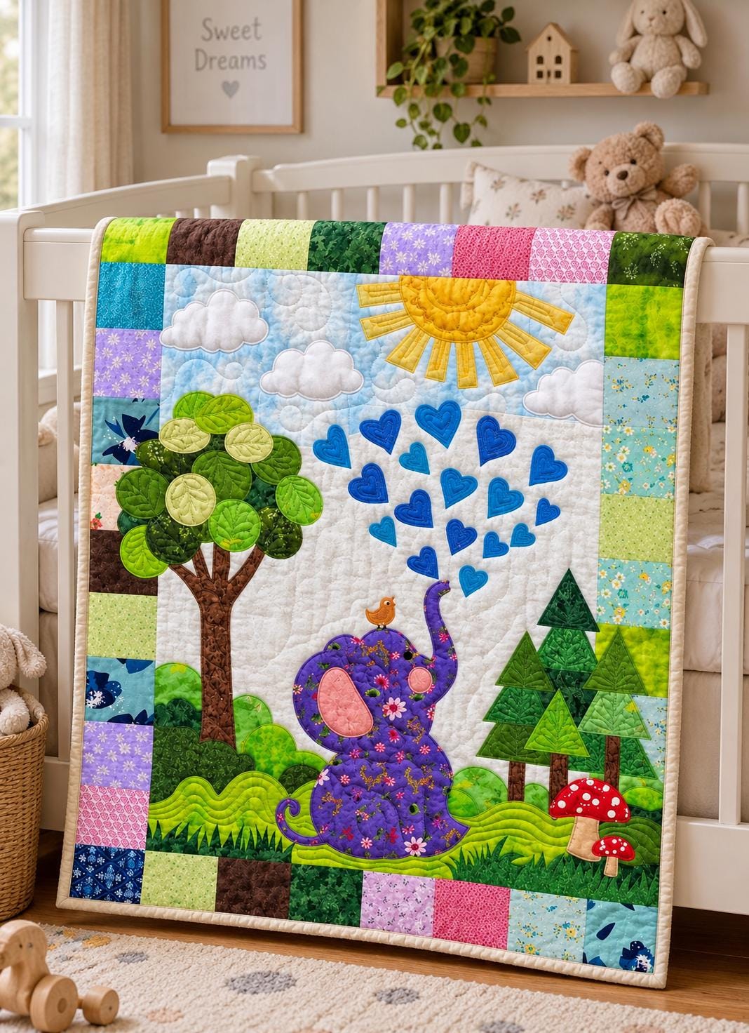 Little Elephant 03253D- Baby Elephant Quilt Pattern (Paper Version), Cute Animal Applique & Patchwork Nursery Quilt