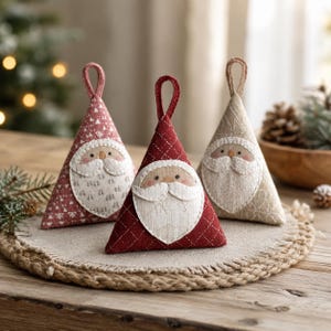 May include: Three triangular fabric ornaments featuring Santa Claus faces with white beards and mustaches. One ornament is dusty rose with a small pattern, one is deep red with a quilted grid, and one is beige with a subtle stitched pattern.