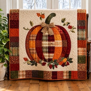 May include: A quilted throw blanket featuring a large central pumpkin appliqué made of various plaid and solid fabric patches in orange, red, and brown. The pumpkin is accented with a tan fabric bow, green leaves, and a decorative patchwork border.