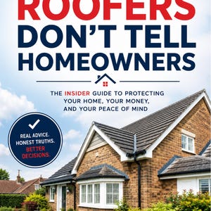 Può includere: Copertina di un libro con il titolo "WHAT ROOFERS DON'T TELL HOMEOWNERS". L'immagine presenta una casa e il testo "The Insider Guide to Protecting Your Home, Your Money, and Your Peace of Mind." Il libro è incentrato sul Regno Unito.
