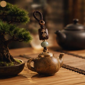 May include: A small, round, brown wooden teapot ornament featuring a metal lid with small holes. Above the lid, a dark brown cord holds a rectangular wooden bead with the Chinese characters 平安, followed by a smooth, pale green stone bead.